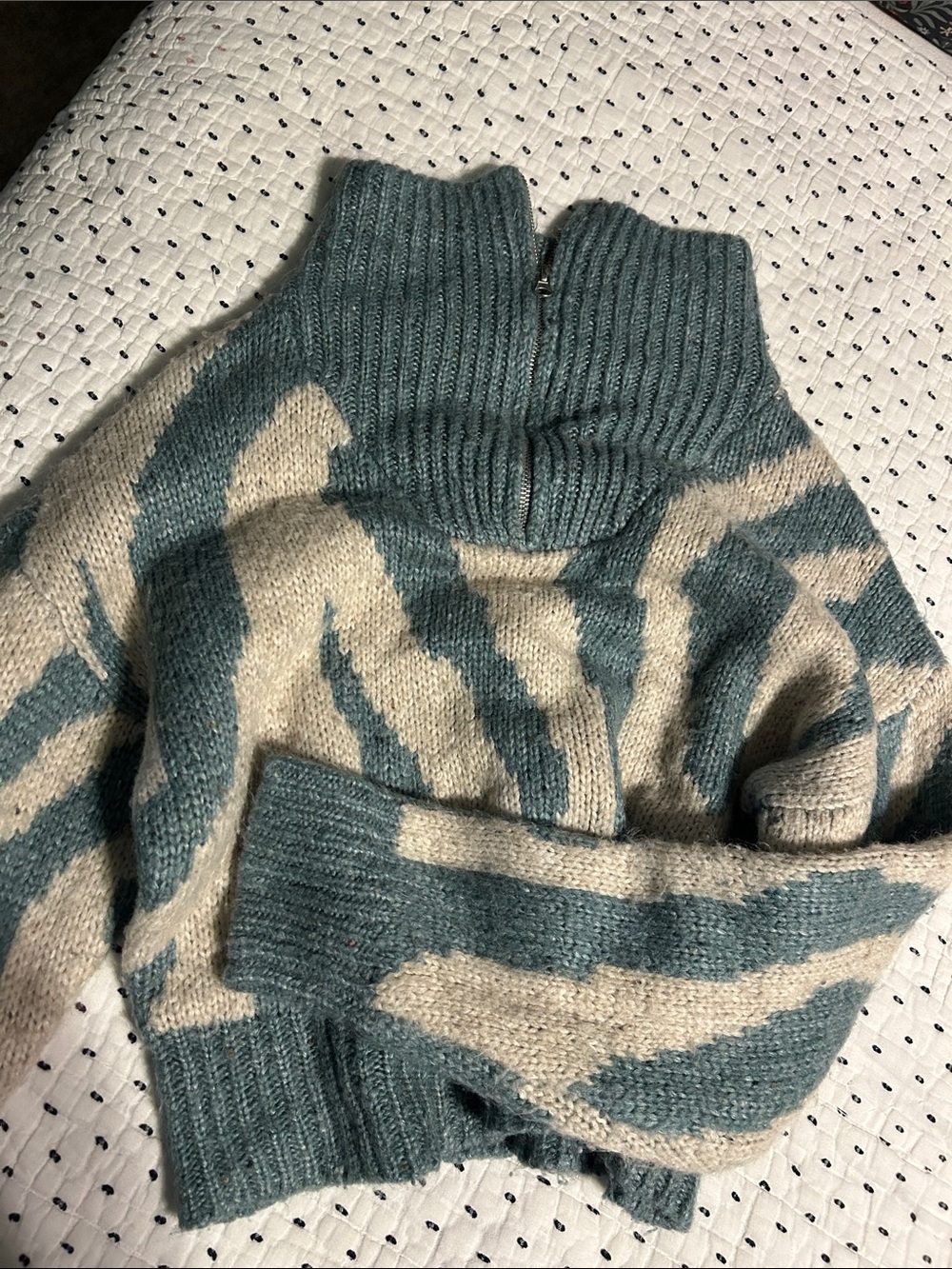 Anthropologie Teal and Cream Zebra Turtleneck Sweater